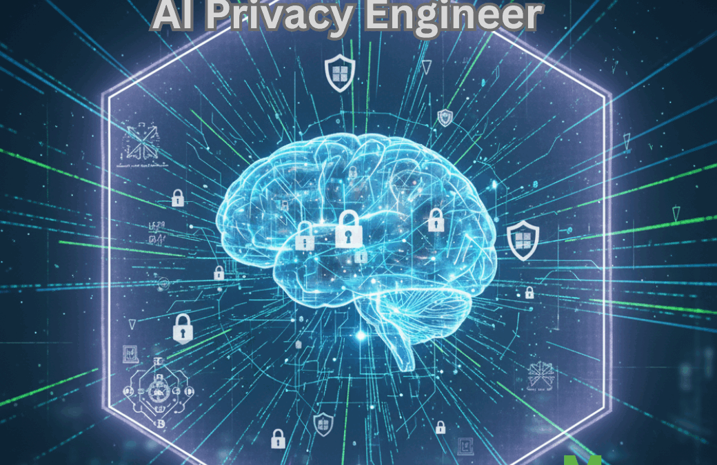 High-resolution conceptual image of a secured AI neural network (brain) within a hexagonal digital shield, visualizing the role of the AI Privacy Engineer protecting data and model integrity.