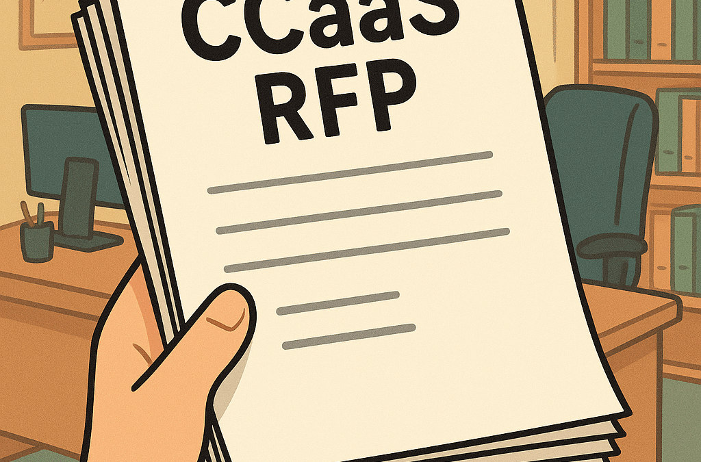 Cartoon illustration of a hand holding a stack of papers labeled ‘CCaaS RFP’ in an office background, symbolizing AI-driven contact center procurement