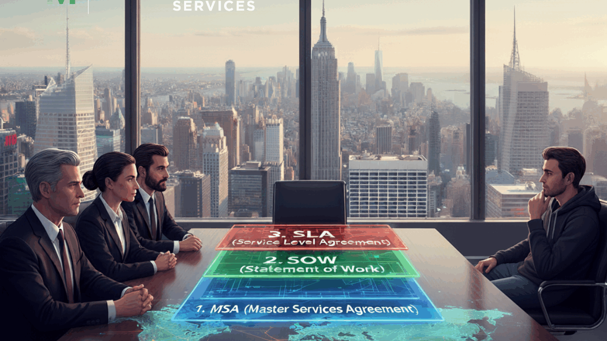 Executives reviewing a digital telecom contract stack labeled MSA, SOW, and SLA in a New York City boardroom, representing enterprise telecom agreement hierarchy.