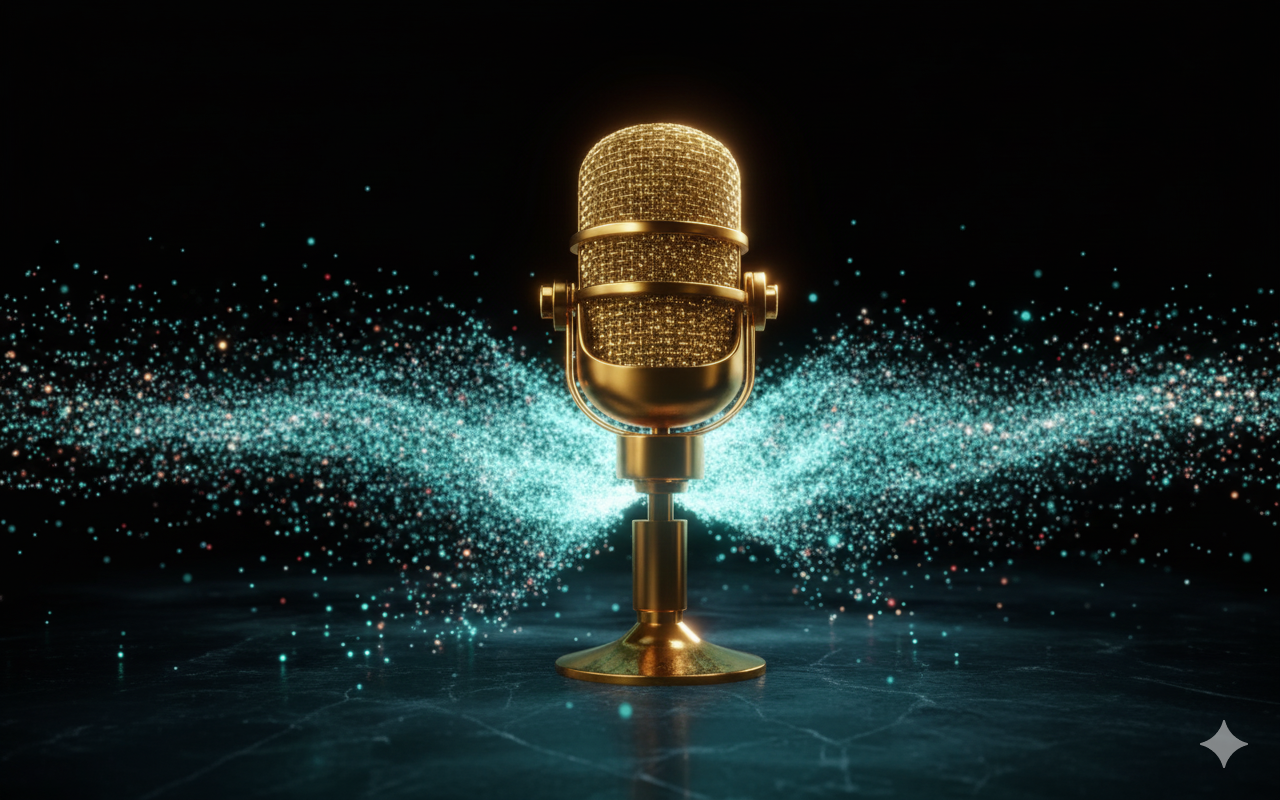 A golden vintage-style microphone stands illuminated at the center of a dark background, with swirling teal and white digital particles flowing outward like AI data streams, symbolizing the fusion of technology and podcasting.
