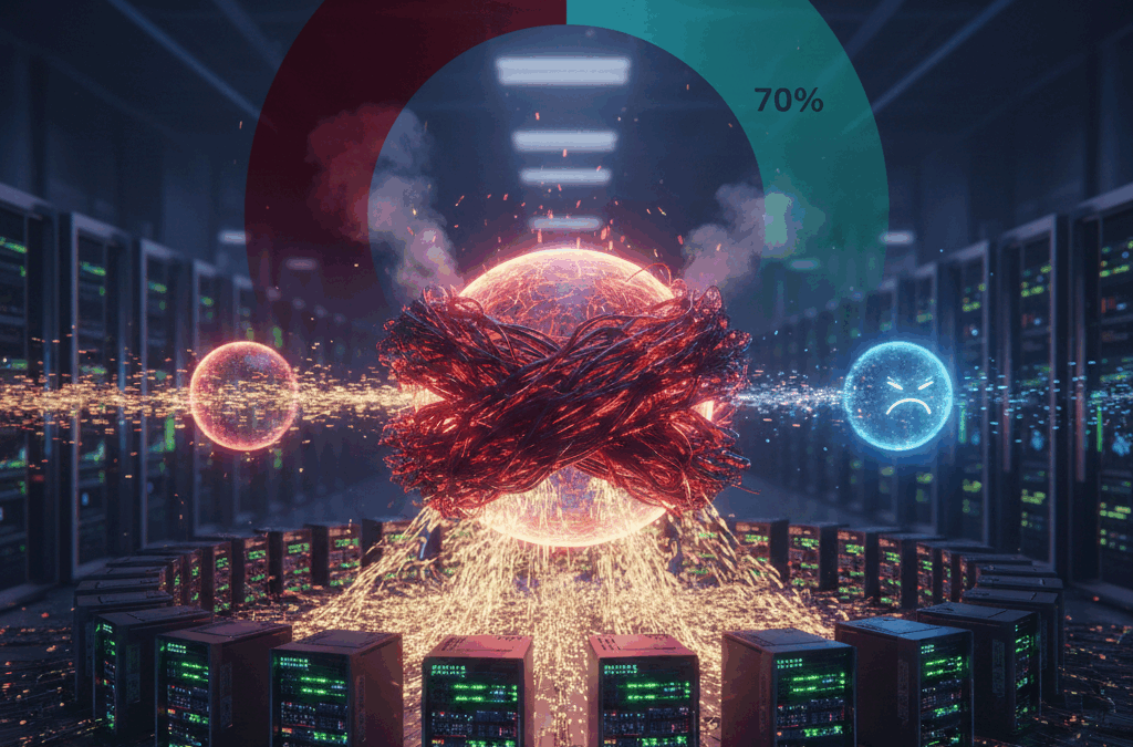 Conceptual 3D visualization of an AI data center network bottleneck showing a congested red energy core between GPU server racks and a digital ROI percentage gauge.