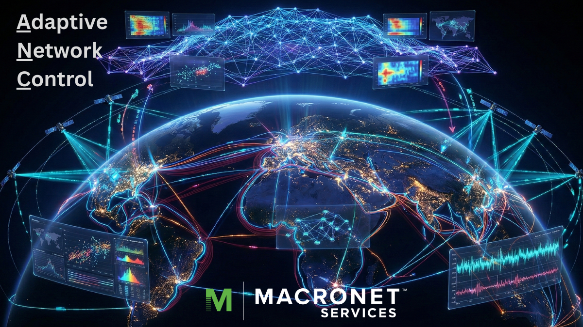 Adaptive Network Control visualization showing a global autonomous WAN with real-time telemetry, AI-driven routing, multi-cloud connectivity, and satellite links, illustrating Network as a Service (NaaS) architecture designed by Macronet Services for AI-ready enterprise networks.