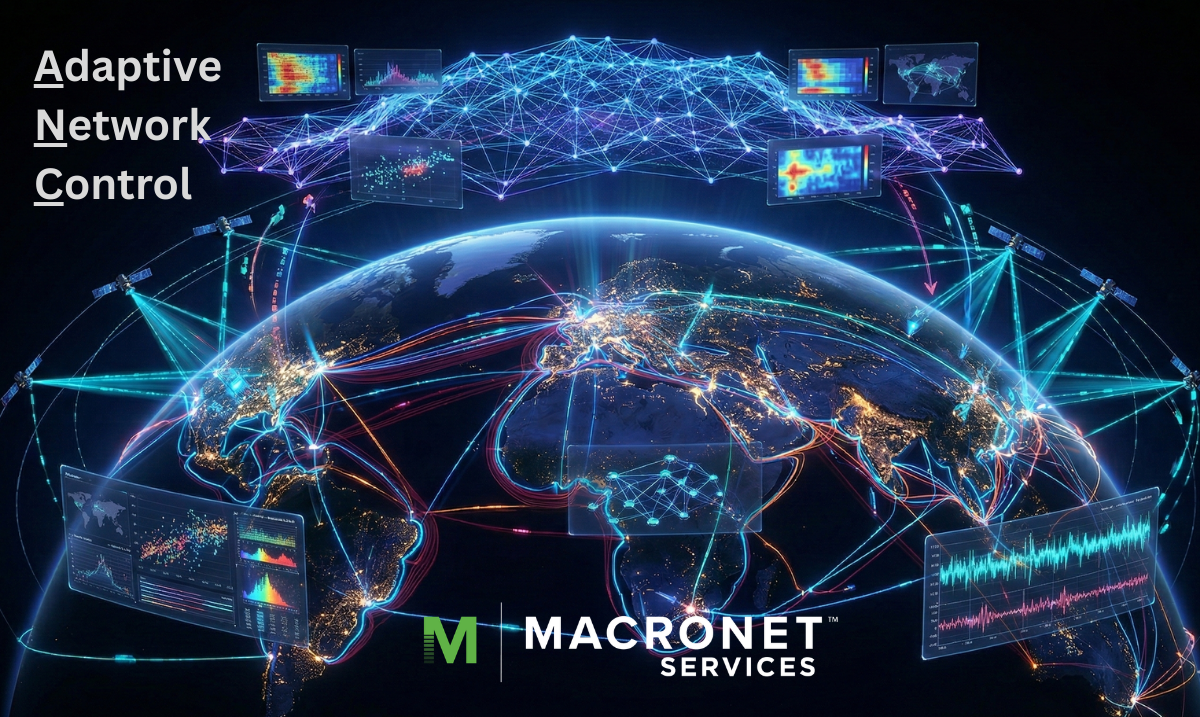 Adaptive Network Control visualization showing a global autonomous WAN with real-time telemetry, AI-driven routing, multi-cloud connectivity, and satellite links, illustrating Network as a Service (NaaS) architecture designed by Macronet Services for AI-ready enterprise networks.