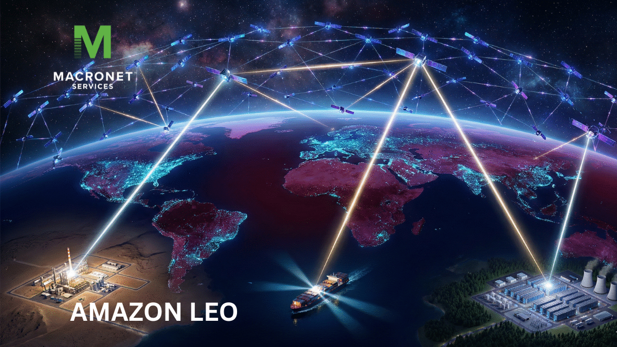 Amazon LEO (Project Kuiper) Low Earth Orbit satellite constellation providing low-latency enterprise WAN connectivity to global industrial sites, maritime vessels, and data centers, illustrated with interconnected satellites and resilient hybrid network architecture by Macronet Services.
