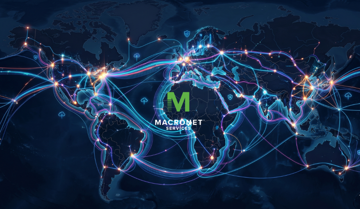 Global ISP backbone network map showing glowing fiber routes, subsea cables, major internet PoPs, cloud connectivity hubs, and Macronet Services branding.