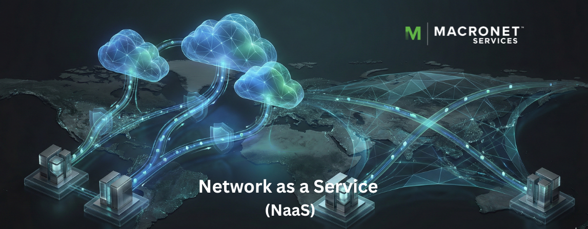Illustration of Network as a Service (NaaS) architecture showing enterprise sites connected to multiple cloud platforms and Dedicated Internet Access via secure, Tier-1 ISP backbone connectivity supporting AI workloads.