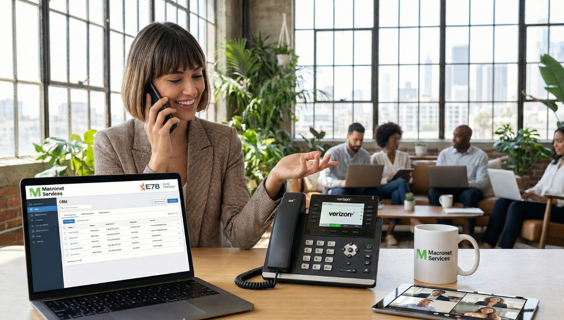 Professional using Verizon One Talk business phone system with LTE desk phone, mobile device, and CRM integration in a modern hybrid office environment supported by Macronet Services.