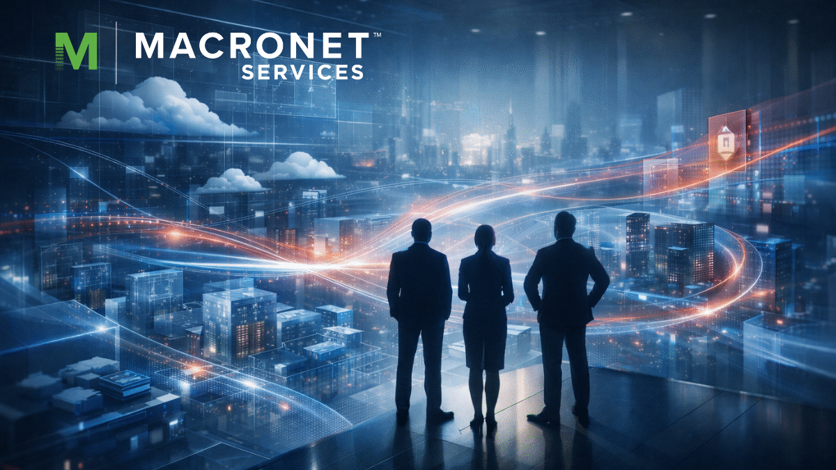 Executive leaders overlooking a digital city with AI, cloud, and network connections, representing a modern technology success partner guiding enterprise strategy.