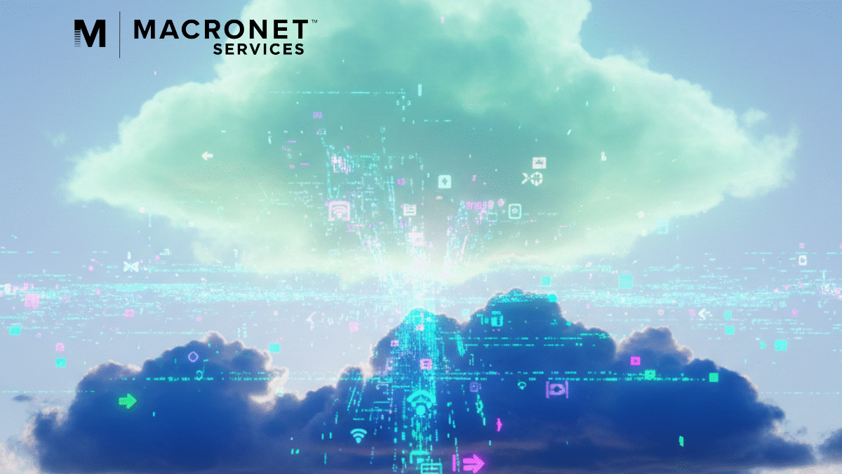 Ethereal cloud computing illustration showing digital data streams and network signals flowing through layered clouds, representing global enterprise networks and Internet backbone connectivity.