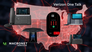 Verizon One Talk business phone system devices including LTE desk phones, conference phone, and mobile app displayed over a U.S. network map, supported by Macronet Services.