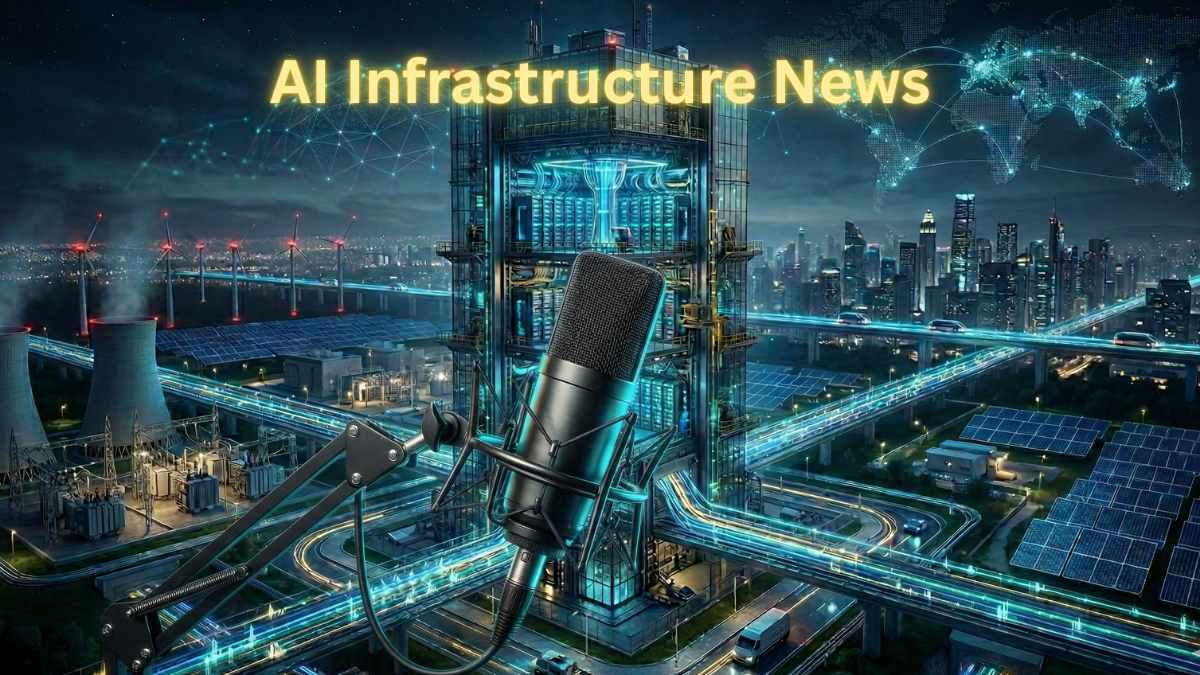 AI Infrastructure News cover image showing a futuristic AI data center with glowing server racks, fiber optic networking, renewable energy sources, and global connectivity, representing AI chips, cloud computing, WAN architecture, and power infrastructure.