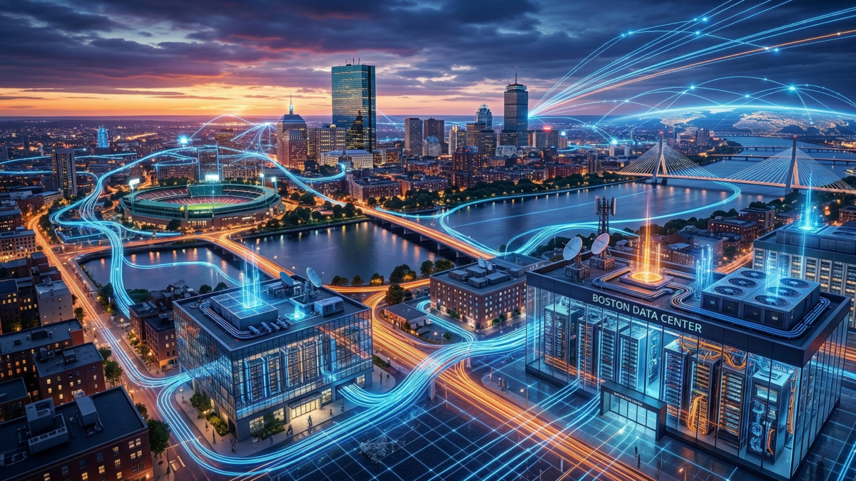 High-tech illustration of Boston’s skyline with connected data centers, fiber routes, and network pathways representing enterprise data center colocation infrastructure and cloud connectivity in Boston, Massachusetts.