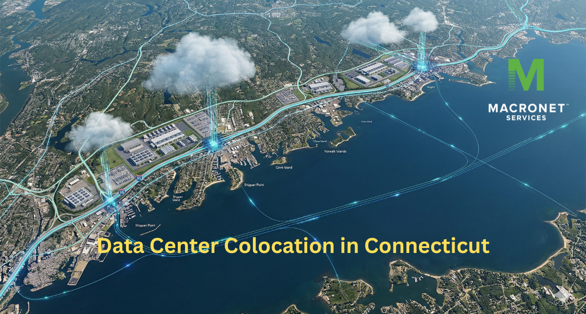 Aerial view of Connecticut’s Long Island Sound coastline with Stamford and Norwalk, highlighting data center colocation facilities, fiber network routes, and cloud connectivity infrastructure for low-latency enterprise deployments