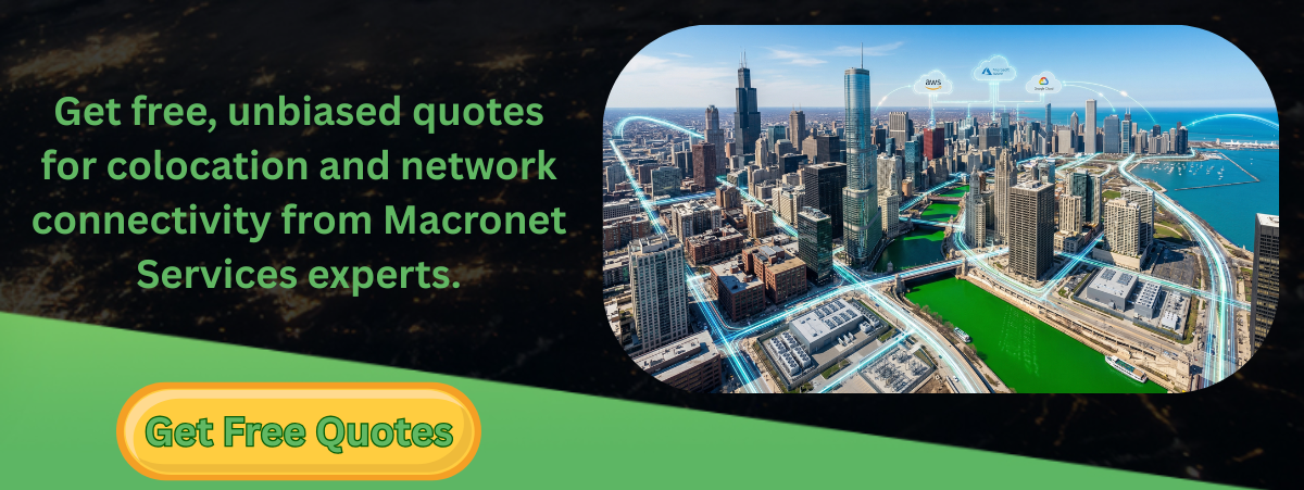 Chicago skyline with green river on St. Patrick’s Day and digital network connections illustrating data center colocation, cloud connectivity, and low-latency infrastructure with a call-to-action for free colocation quotes from Macronet Services.