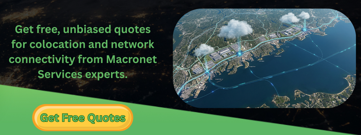 Connecticut shoreline along Long Island Sound with mapped data center locations, fiber routes, and network connectivity illustrating colocation infrastructure and a call-to-action for free quotes from Macronet Services