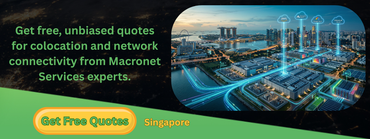 Data center colocation facilities in Singapore with skyline, cloud connectivity to AWS Azure Google Cloud, and enterprise network infrastructure promoting Macronet Services quotes