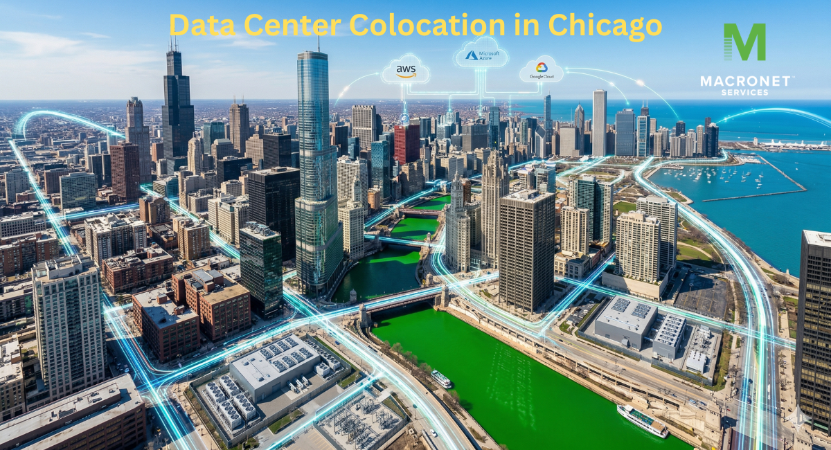 Chicago skyline with green Chicago River on St. Patrick’s Day, overlaid with digital network connections and cloud platforms, representing data center colocation, carrier-neutral connectivity, and low-latency infrastructure in Chicago
