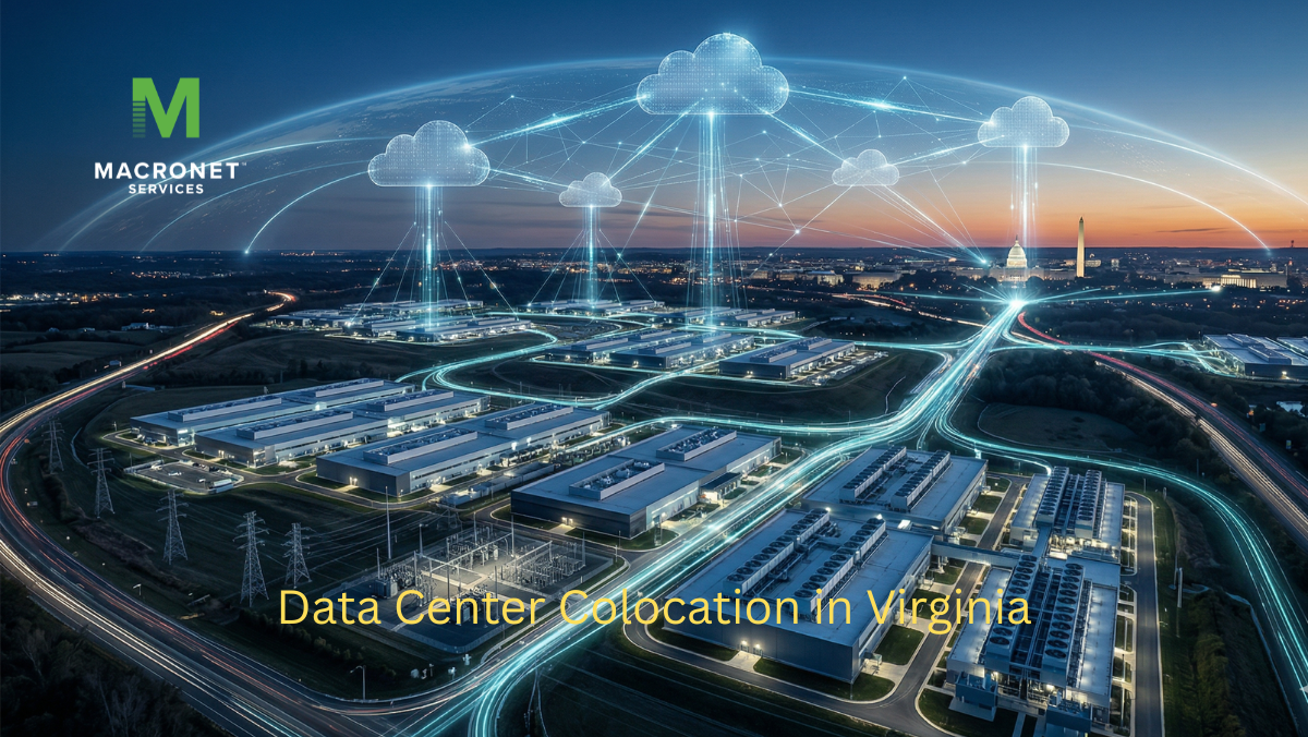 Illustration of data center colocation in Northern Virginia showing hyperscale data centers in Ashburn connected by fiber networks and cloud infrastructure near Washington, D.C.