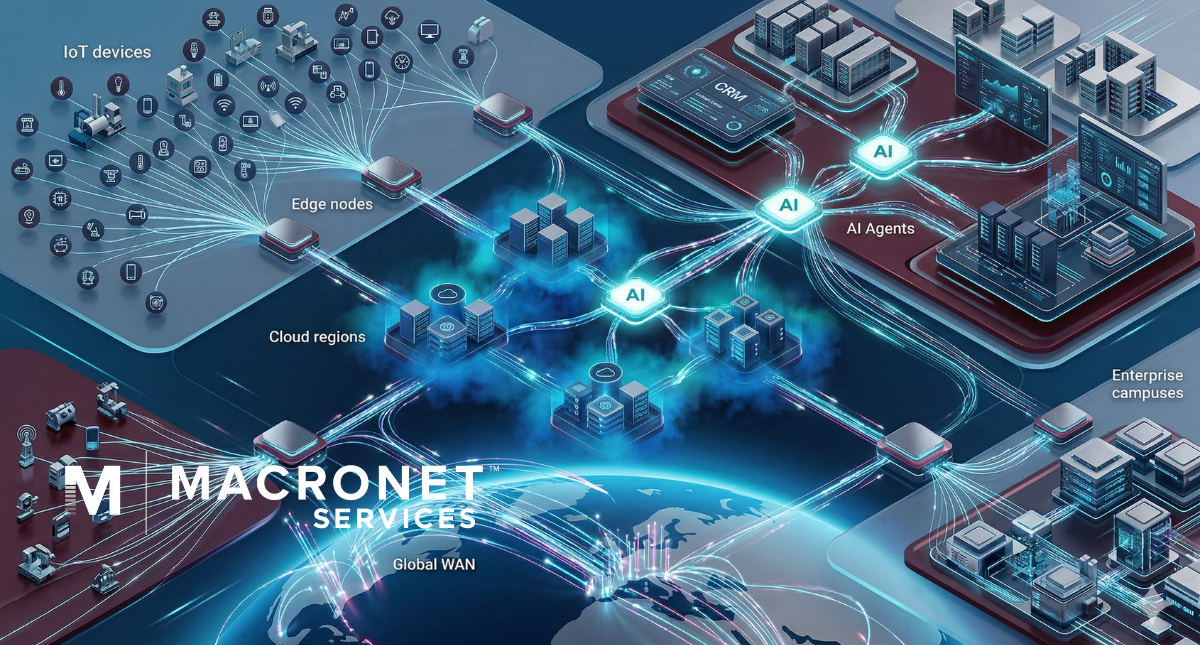 AI-ready network infrastructure architecture showing global WAN, cloud regions, edge nodes, IoT devices, and AI agents connected by real-time data flows for enterprise network consulting