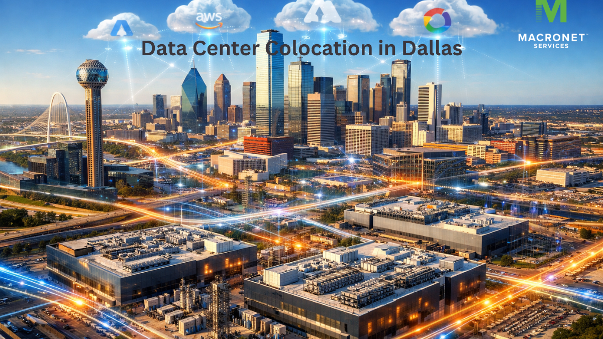 Dallas data center colocation skyline featuring Reunion Tower, interconnected fiber network, cloud connectivity, and enterprise colocation facilities supporting hybrid cloud and AI infrastructure