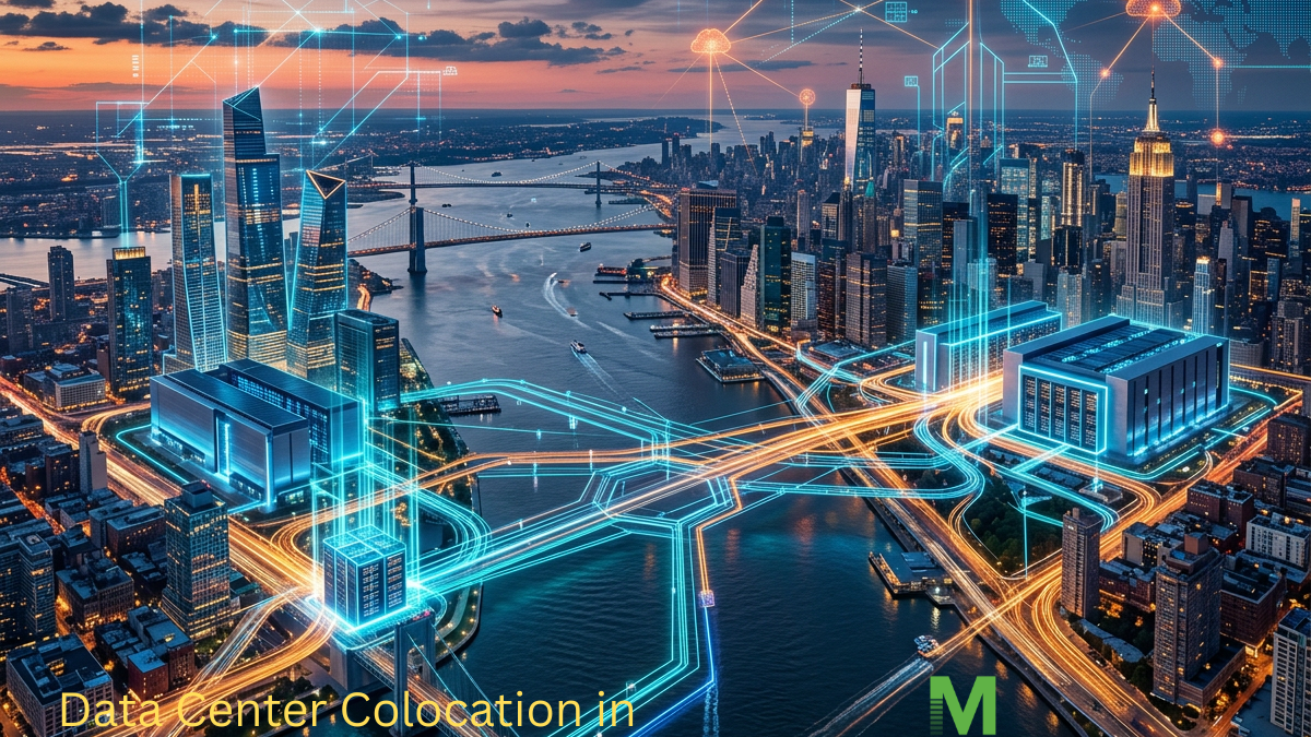 Illustration of data center colocation infrastructure in the New York and Northern New Jersey metro area showing interconnected data centers, fiber networks, and cloud connectivity across the NYC skyline.