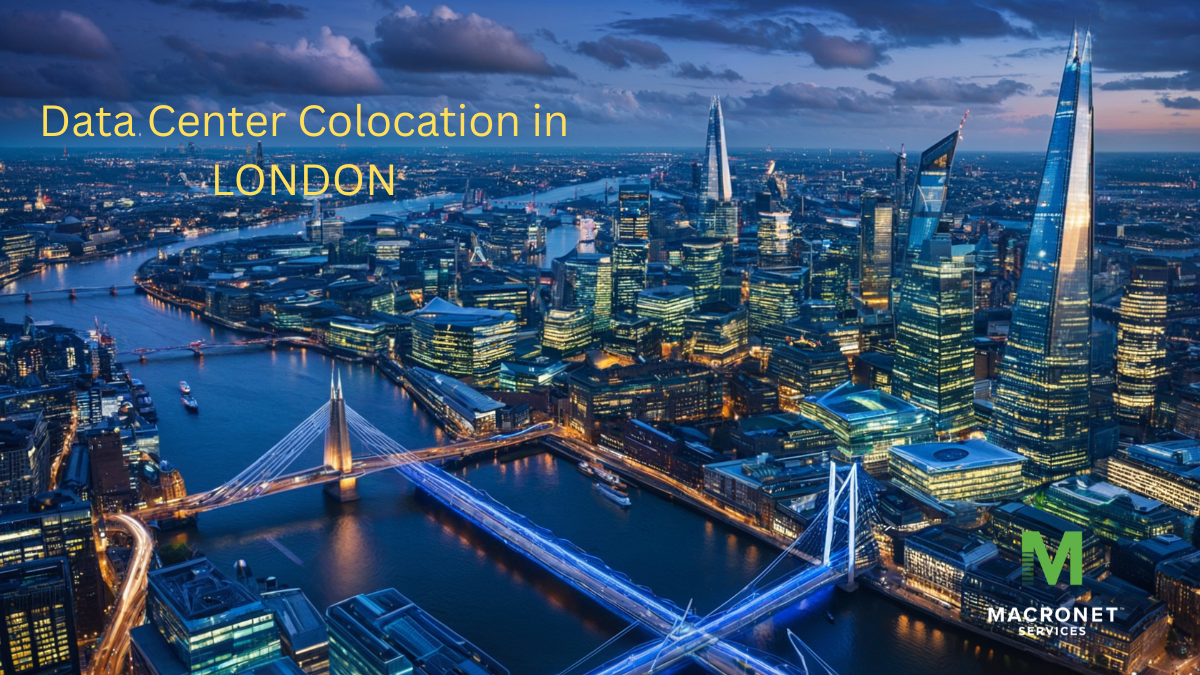 London data center colocation market skyline showing the Thames and Canary Wharf financial district, illustrating enterprise colocation infrastructure, global network connectivity, and cloud interconnection in the London metro region.
