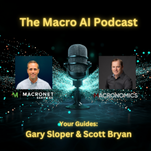 The Macro AI Podcast thumbnail featuring hosts Gary Sloper and Scott Bryan with a microphone graphic, highlighting AI infrastructure news, data centers, networking, and enterprise AI strategy.