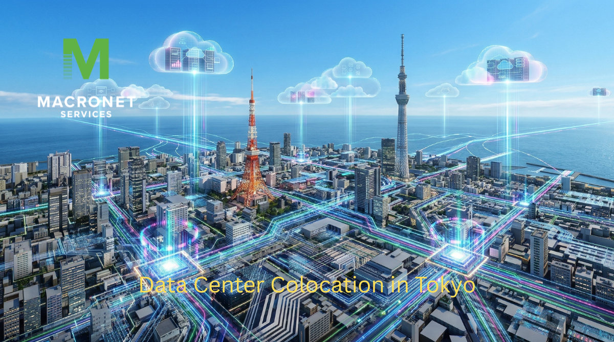 Aerial view of Tokyo skyline featuring Tokyo Tower and Tokyo Skytree with glowing digital network connections, cloud platforms, and data center infrastructure illustrating data center colocation and cloud connectivity in Tokyo, Japan.