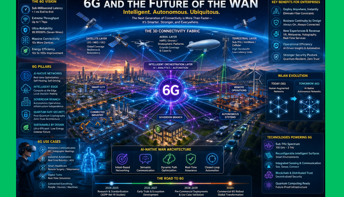 6G technology overview diagram showing AI-native WAN architecture, 3D connectivity across satellite, aerial, and terrestrial networks, sub-THz spectrum, and enterprise use cases