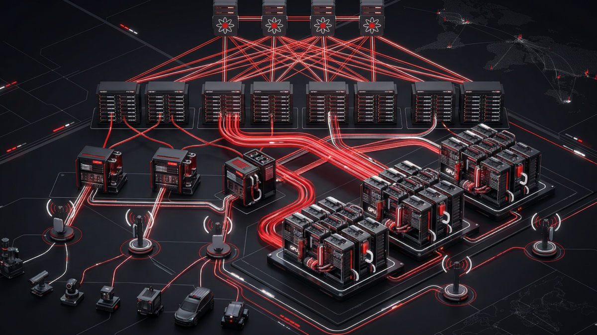 Verizon AI Connect architecture showing private 5G edge devices, GPU clusters, and high-speed fiber network enabling distributed AI infrastructure