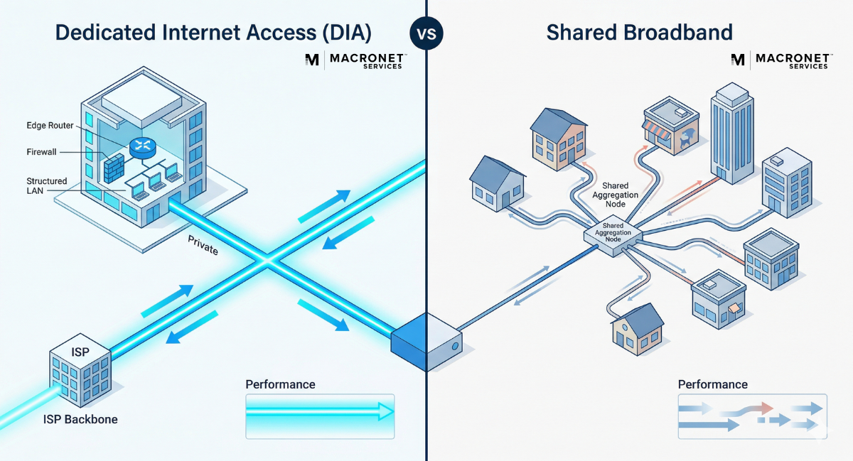 Dedicated internet access vs broadband comparison showing private fiber connection versus shared network with multiple users and congestion