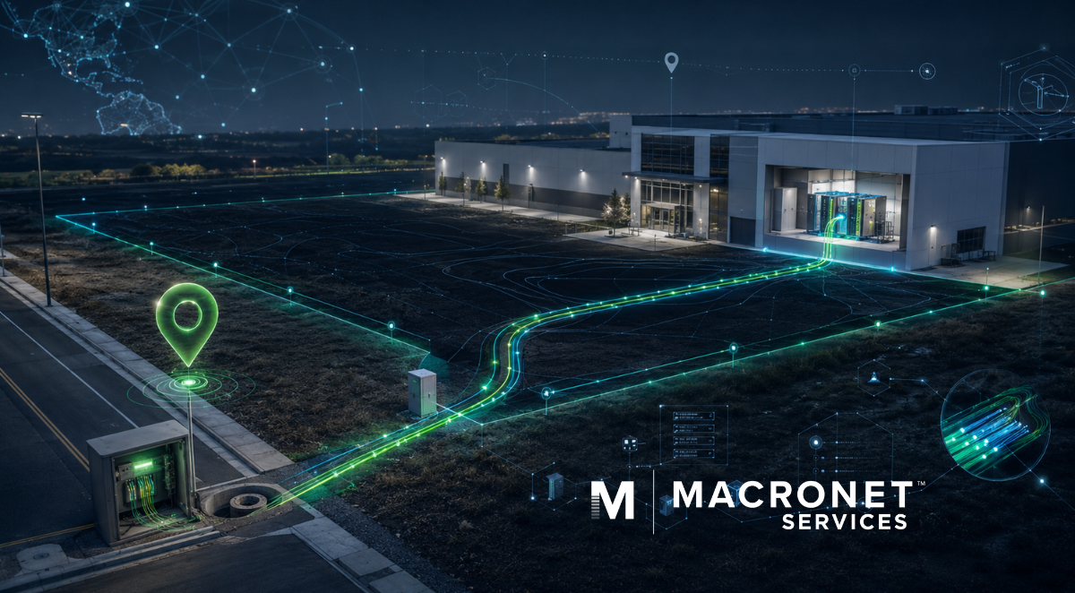 Greenfield telecom provisioning visual showing fiber optic route planning, address validation, MPOE connectivity, and Macronet Services network design for a new enterprise facility.