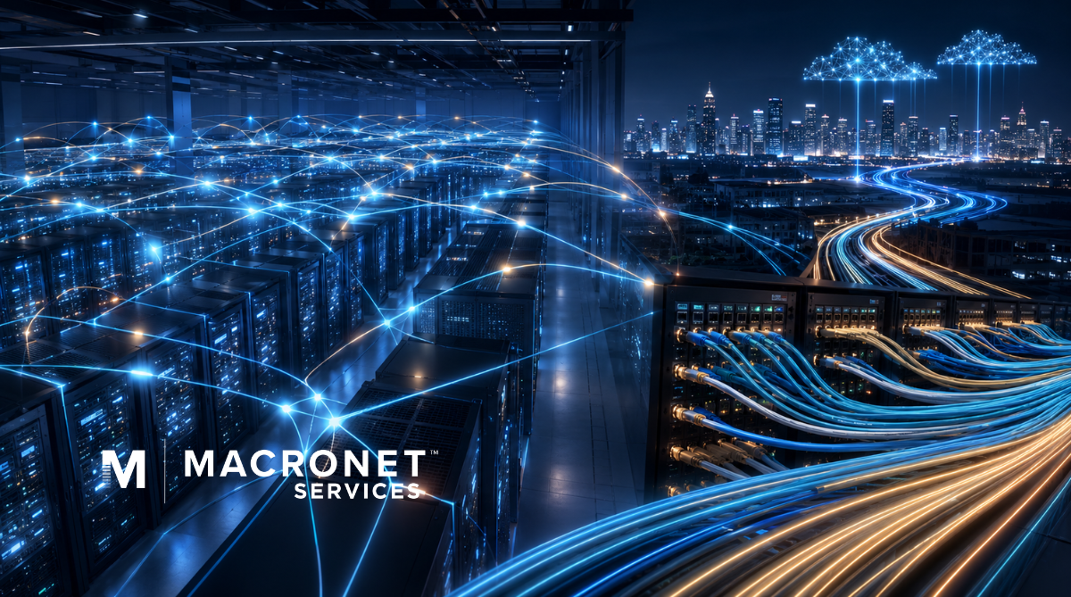 Data center network with fiber connectivity, cloud links, and Macronet Services branding for colocation and enterprise connectivity