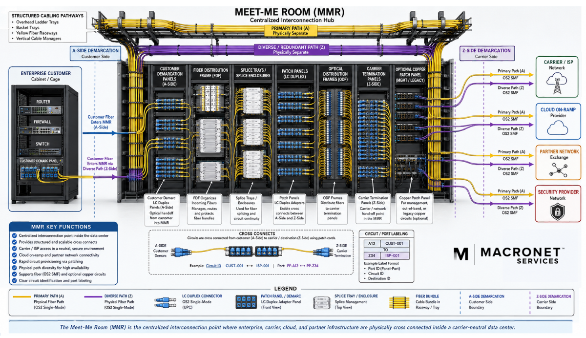Meet-me room diagram showing fiber distribution frames, patch panels, A-side and Z-side demarcations, and diverse data center cross connect paths.
