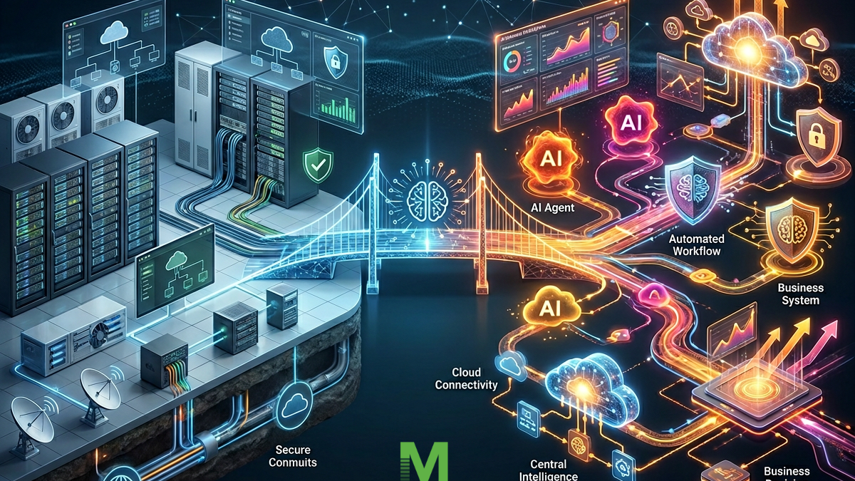 Illustration of MIP vs MSP showing traditional IT infrastructure connected to AI agents, automated workflows, cloud connectivity, business systems, and secure network foundations.