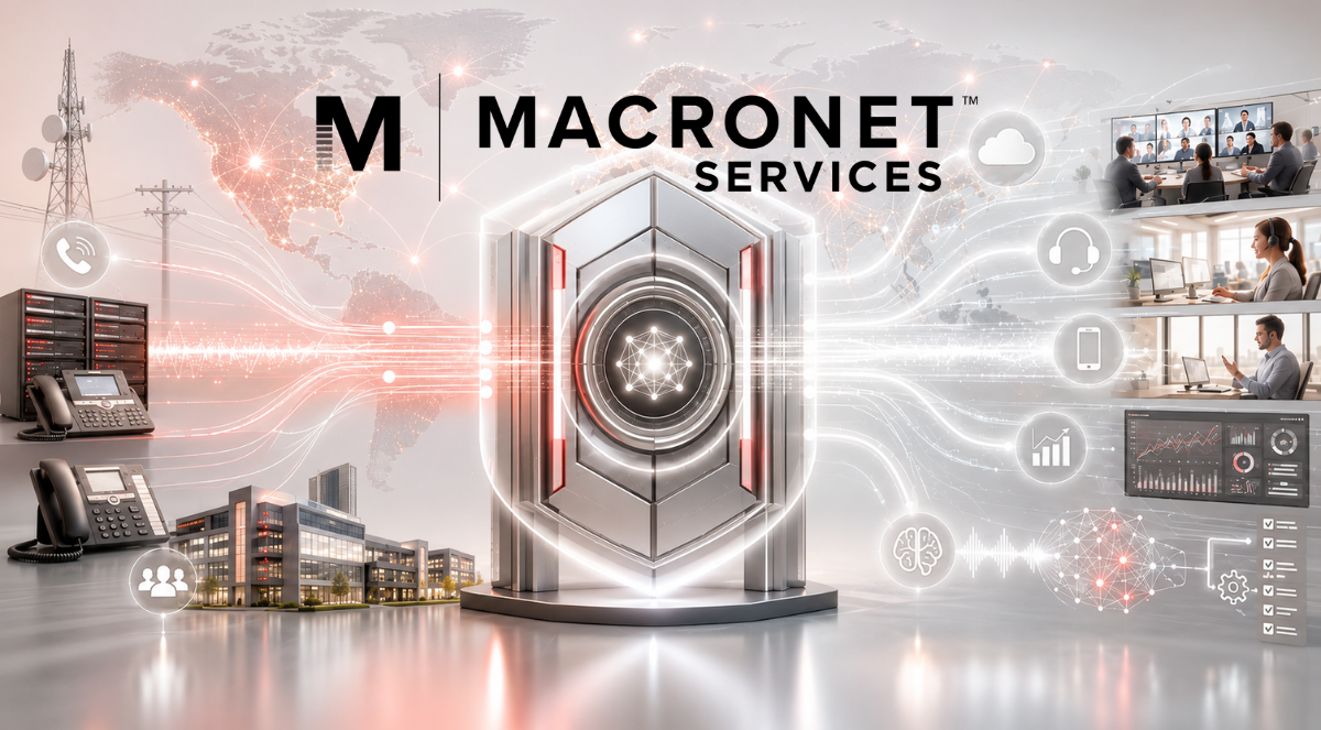 Macronet Services enterprise SIP trunking network connecting carriers, cloud communications, analytics, security, and AI voice services.