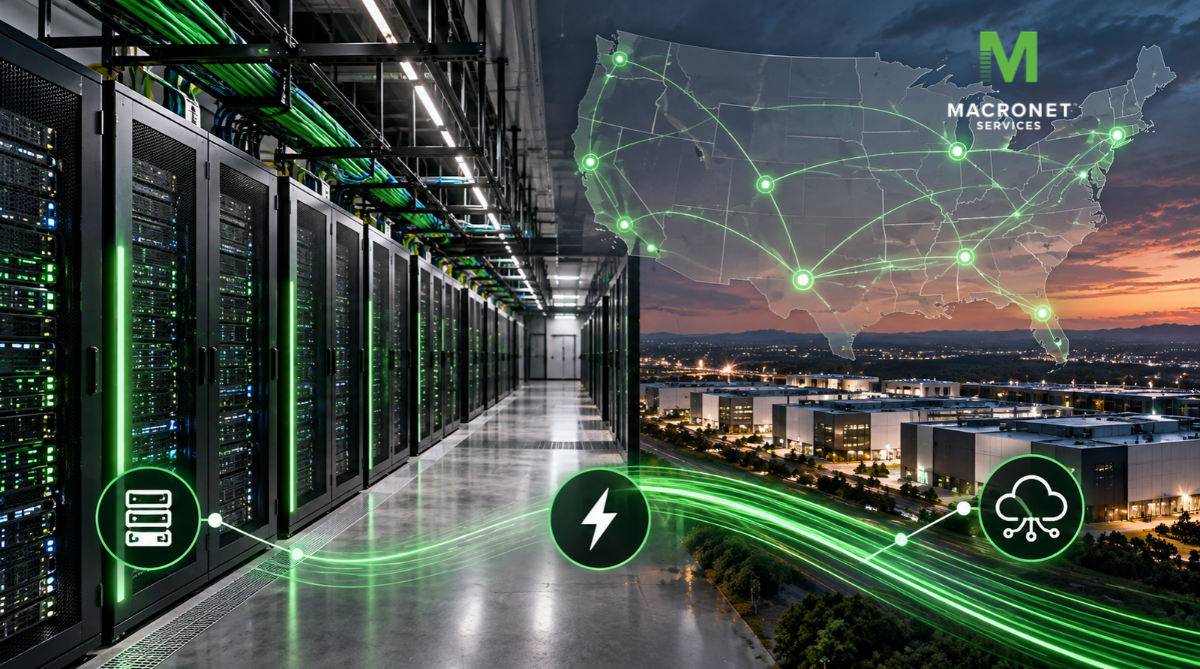 Data center colocation infrastructure with high-density server racks, power connectivity, cloud access, and a U.S. map showing major interconnected data center markets.