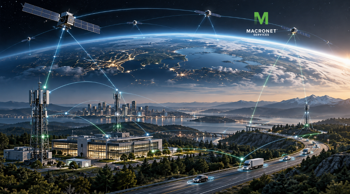 Starlink satellites connect with terrestrial 5G towers, enterprise networks and vehicles in a hybrid space-to-ground telecom network.
